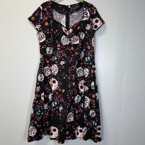 iHot Women Sugar Skull Floral Fit and Flare Dress Black Rockabilly 2XL Halloween